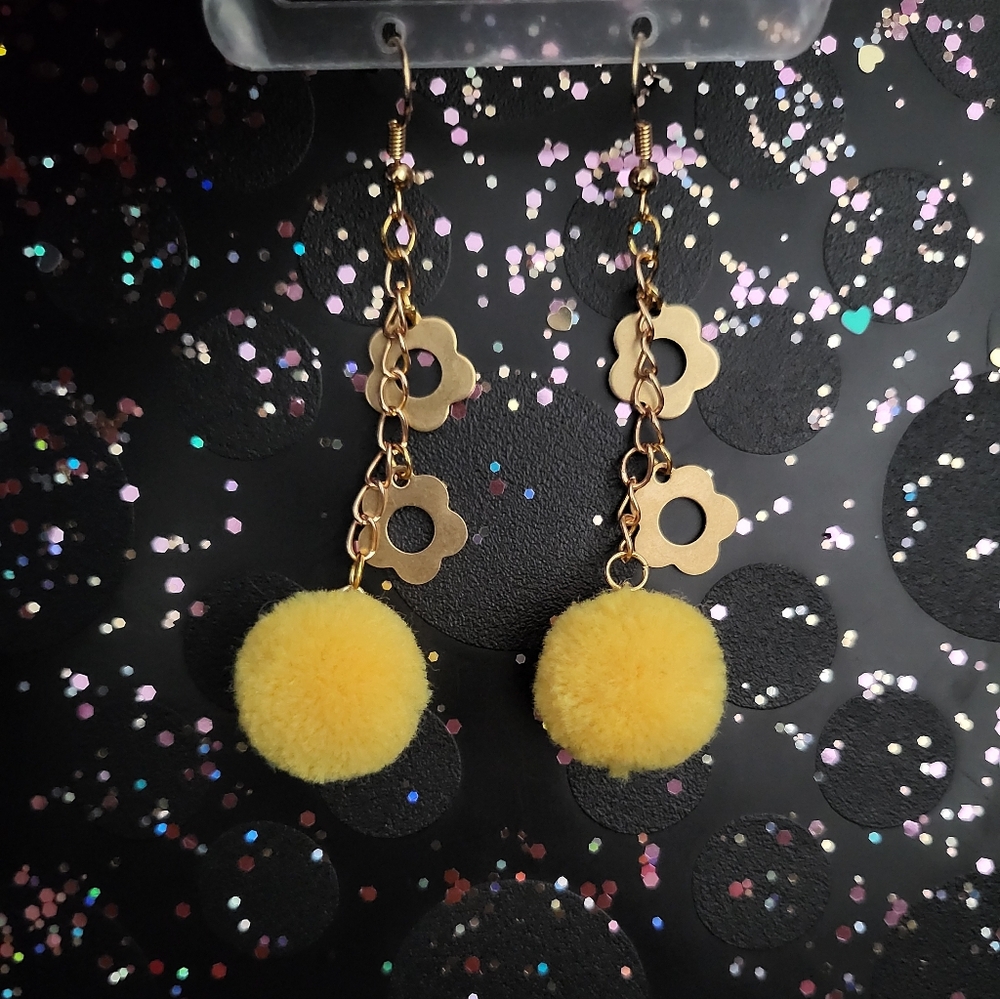 Yellow Pom Pom Earrings